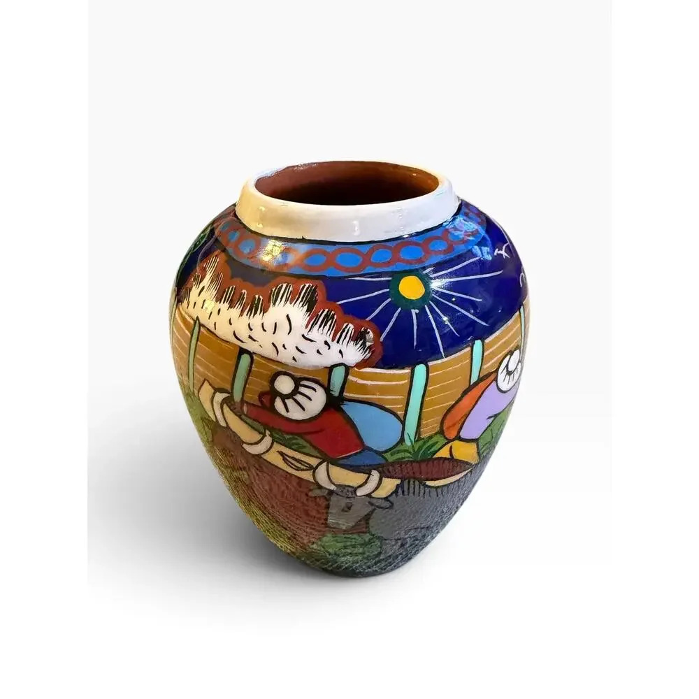 Vtg  Isidoro Mexican Folk Art Clay Pottery Vase Hand Painted Village Storyteller